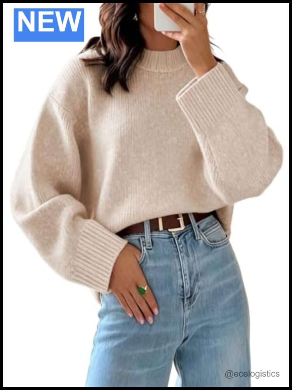 Women's Oversized Long Sleeve Knit Pullover Sweater Mock Neck Batwing Sleeve